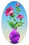 Stained glass illustration with a floral still life, a vase with pink  flowers  on a blue background, oval image