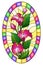 Stained glass illustration with flower of pink callas lilys on a yellow background in a bright frame,oval image