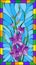 Stained glass illustration flower of purple gladiolus on a blue background in a bright frame,rectangular image