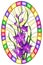 Stained glass illustration with flower of purple gladiolus on a yellow background in a bright frame,oval image