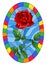 Stained glass illustration flower of red rose on a blue background in a bright frame,oval image