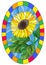 Stained glass illustration flower of sunflower on a blue background in a bright frame,oval image