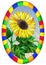 Stained glass illustration with flower of sunflower on a blue sky background in a bright frame,oval image