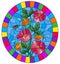 Stained glass illustration with  flowers , berries and leaves of wild rose, oval image in bright frame