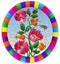 Stained glass illustration with  flowers , berries and leaves of wild rose, oval image in bright frame