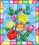 Stained glass illustration with flowers, buds and leaves of roses on a blue background