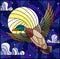 Stained glass illustration with a flying duck on the background of starry sky, moon and clouds