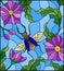 Stained glass illustration with flying Rhino beetle on background of branches with purple flowers, leaves and sky