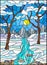 Stained glass illustration with a frozen Creek in the background of the sky, snowy mountains, trees and fields