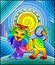 Stained glass illustration with funny rainbow lion and sun on abstract background