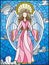 Stained glass illustration with a girl of angels on the background of cloudy sky