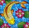 Stained glass illustration with  a goldfish on a background of pink lotuses and water