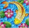 Stained glass illustration with  a goldfish on a background of pink lotuses and water