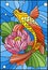 Stained glass illustration with a goldfish and a flower of a lotus against water and vials of air