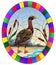 Stained glass illustration with  goose on beach background with reeds and Sunny sky, oval image in bright frame