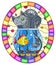 Stained glass illustration with  grey abstract cat and goldfish in the aquarium , oval picture frame in bright