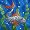 Stained glass illustration with grey fish on the background of water and algae