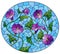 Stained glass illustration with  intertwined purple flowers and leaves on a blue background, oval image