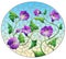 Stained glass illustration with intertwined purple flowers and leaves on a blue background, oval image