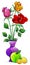 Stained glass illustration with an isolated element, a bouquet of roses in a vase and fruit on a white background