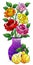 Stained glass illustration with  an isolated element, a bouquet of roses in a vase and fruit on a white background