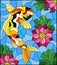 Stained glass illustration with a koi carp  on a background of pink lotuses and water