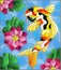 Stained glass illustration with  a koi carp  on a background of pink lotuses and water