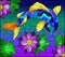 Stained glass illustration with  a koi carp on a background of purple lotuses and water