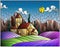 Stained glass illustration landscape with a lonely house amid lavender fields, mountains and sky