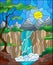 Stained glass illustration landscape ,the tree on the background of a waterfall, mountains, sun and sky