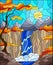 Stained glass illustration landscape ,the tree on the background of a waterfall, mountains, sun and sky,autumn landscape