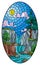 Stained glass illustration with  landscape ,the tree on the background of a waterfall, mountains, sun and sky, oval image