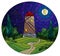 Stained glass illustration with  landscape with a  windmill on a background of starry night sky and moon, oval image