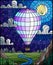 Stained glass illustration with a light hot air balloon flying over a plain with a river on a background of mountains, starry sky