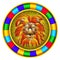 Stained glass illustration with a lion`s head , a circular image with bright frame