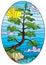 Stained glass illustration with  a lone pine tree standing on the Bank on the background of sky, sun and water, oval image