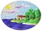 Stained glass illustration with  a lonely house on a background of sky and sea, oval image
