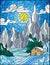 Stained glass illustration with a lonely house on a background of snowy pine forests, lake, mountains and day-Sunny sky with clou