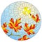 Stained glass illustration with   a maple branch on a background of sky and sun, oval image