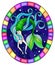 Stained glass illustration with mermaid with long  hair on water and air bubbles background, oval image in bright frame