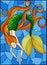 Stained glass illustration with mermaid with long red hair on water and air bubbles background