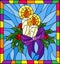 Stained glass illustration for New year and Christmas, candles, Holly branches and ribbons on a blue background in a bright frame