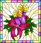 Stained glass illustration for New year and Christmas, candles, Holly branches and ribbons on a yellow background in a bright fra