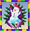 Stained glass illustration for New year and Christmas, snowman, Holly branches and ribbons on a blue background in a bright frame