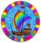 Stained glass illustration with an old ship sailing with rainbow sails against the sea,  oval image in a bright frame