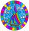 Stained glass illustration  with an old ship sailing with rainbow sails against the sea and sun   oval image in a bright frame