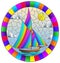 Stained glass illustration with  an old ship sailing with rainbow sails against the sea and sun   oval image in a bright frame