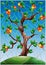 Stained glass illustration with an orange tree standing alone on a hill against the sky