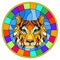 Stained glass illustration painting with a tiger`s head , a circular image with bright frame