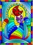 Stained glass illustration with a pair of abstract geometric rainbow cats on a blue background with sun in bright frame